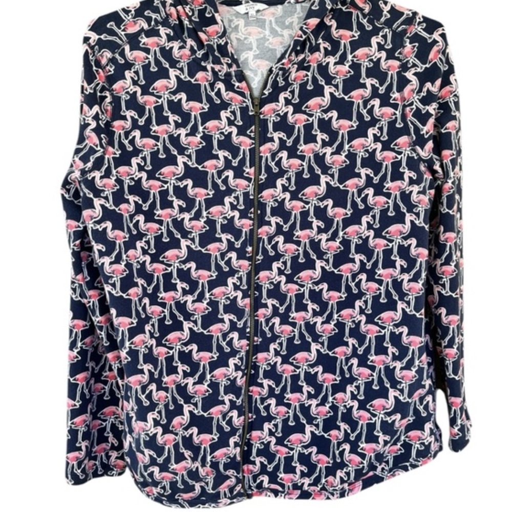 Navy Flamingo Print Zip-Front Blouse